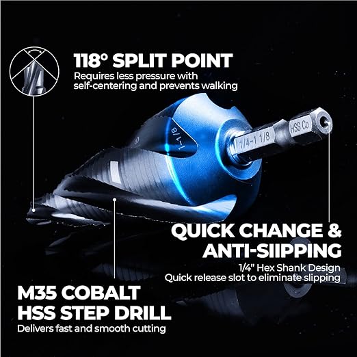 toolant Four Spiral Flute Cobalt Step Drill Bit(Pro), 1/4"-1-1/8" Impact Ready Unibit Step Drill Bit, 1/4" Hex Shank Step Bit for Metal, Stainless Steel, Aluminum, Plastic