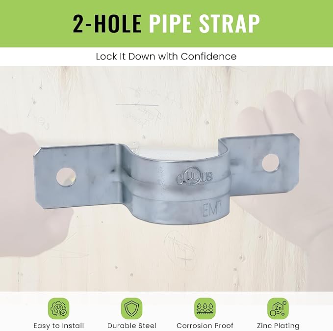 Select 30-Pack Lighting 2 Hole 1 1/4 Inch Rigid Pipe Straps for EMT, Heavy-Duty Zinc-Plated Steel Clips with Reinforced Rib, Conduit Strap for Pipes, Cables, and Tubes, Snap-On Installation