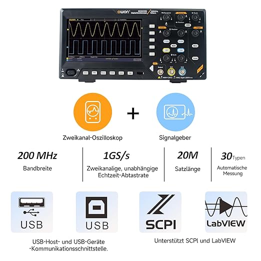 OWON Digital Oscilloscope with Dual-Channel Channels and Screen 7 inch, TFT-LCD Display, Portable Oscilloscope with 1GS/s Sampling Rate, Bandwidth 200MH,8K Waveform Length,SDS220S