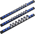 3-Piece Magnetic Socket Organizer, Heavy Duty Aluminum Socket Rails Organizer, 360° Swivel Clips Socket Holder Kit for Tool Box, 1/2, 3/8, 1/4-Inch Socket Holder x 40 Clips (Blue)