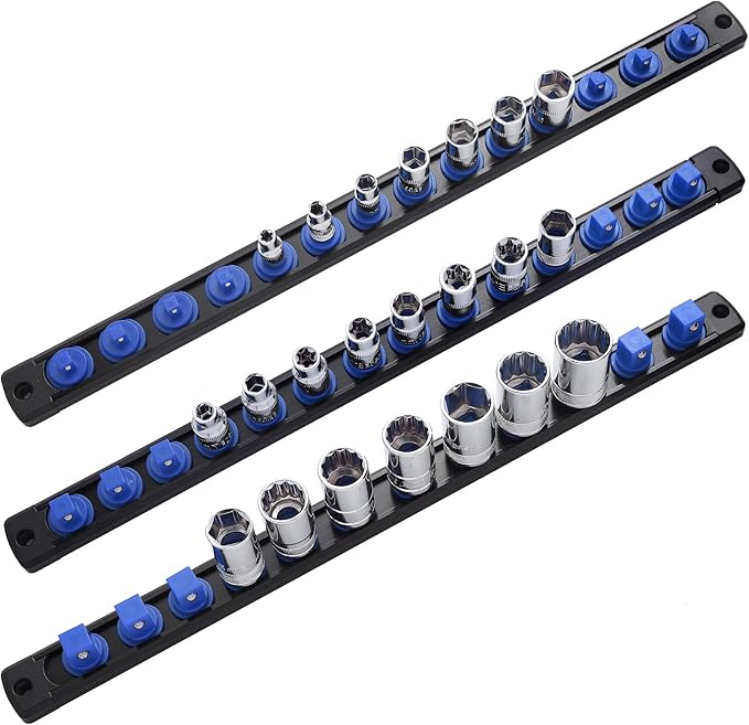 3-Piece Magnetic Socket Organizer, Heavy Duty Aluminum Socket Rails Organizer, 360° Swivel Clips Socket Holder Kit for Tool Box, 1/2, 3/8, 1/4-Inch Socket Holder x 40 Clips (Blue)