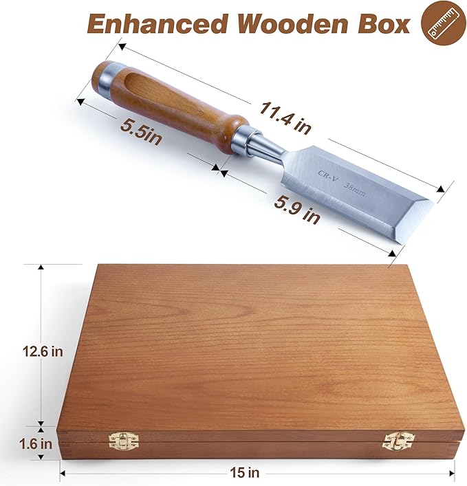 10 Pieces Wood Chisel Set, 1/4"~2" Woodworking Chisel Kit with Sharp CR-V 60 Steel Blades, Wooden Box, Honing Guide, Sharpening Stone for Carpenter Craftsman Woodworker