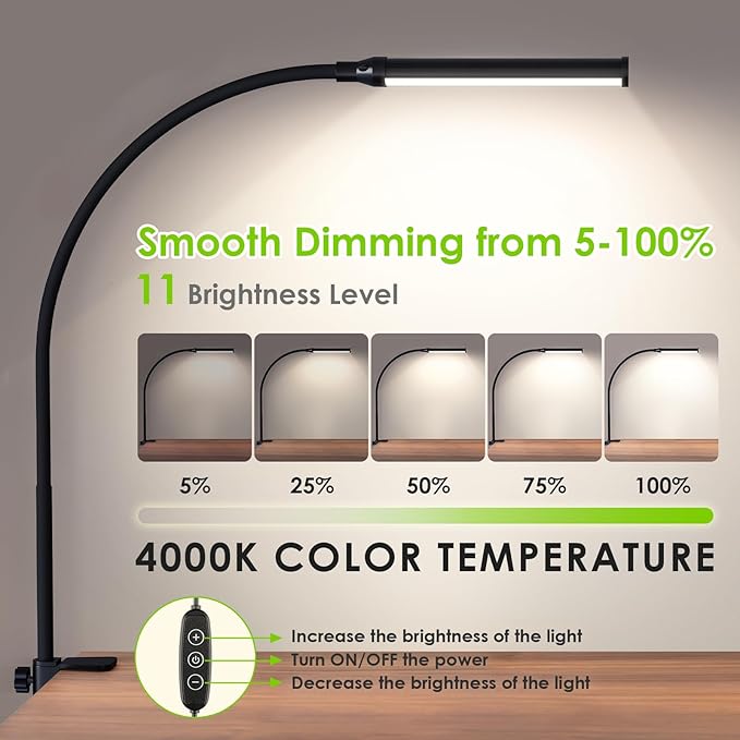 ShineTech LED Desk lamp with Clamp, 4000K Natural White 11 Brightness Level Eye-Caring Clip Lights for Home Office, Flexible Gooseneck USB Adapter, Black
