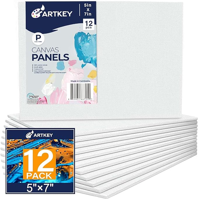 Artkey Canvas Boards 5x7 Inch 12-Pack, 10 oz Primed 100% Cotton White Blank by Artkey