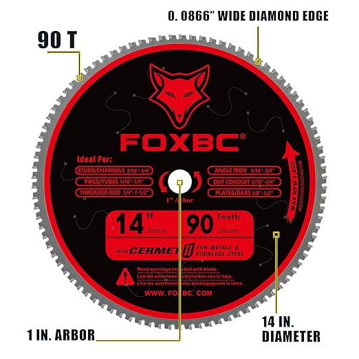 FOXBC 14 Inch Stainless Steel Metal Cutting Saw Blade 90 Tooth for Evolution 14 Inch Metal Saw and Other Low RPM saws, Cermet Carbide Up to 5X Longer Life
