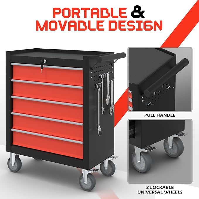 5-Drawer Rolling Tool Boxes,Metal Rolling Tool Chest with Wheels and Locking Tool Chest,Portable Metal Tool Box for Warehouse,Garage, Repair Shop, Workshop (Blackred, 5-Drawer)