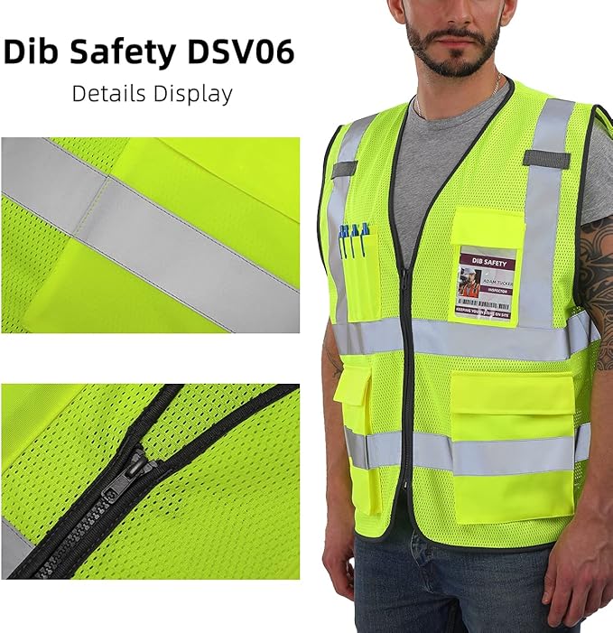 Dib Safety Reflective Vest Mesh, High Visibility Vest with Pockets and Zipper, Construction Work Vest ANSI Class 2, Yellow Mesh 2XL