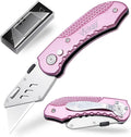 Vickay Box Cutter Utility Knife Heavy Duty with 5 SK5 Quick Change Blades, Safety Axis Lock Design Razor Knife, Lightweight Aluminum Body Belt Clip for Office (Pink)