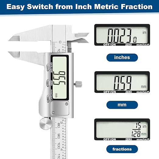 Digital Caliper Measuring Tool, 6 Inch Stainless Steel Vernier Caliper Digital Micrometer with Large LCD Screen, Auto-Off Feature, Easy Switch from Inch Metric Fraction