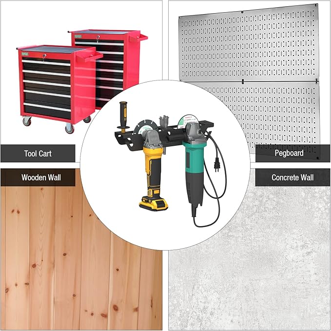 UNITEDPOWER Angle Grinder Holder - 4 Bay Angle Grinder Rack/Stand Storage Rack with Cord Hanger, Wall mount Bracket for Cutters Polishers, Garage and Workspace.