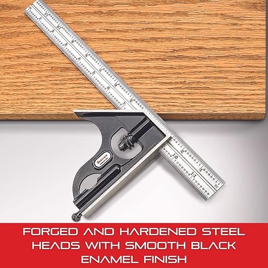 Starrett Steel Combination Square with Square Head and Center Heads - 12" Blade Length, Forged and Hardened Steel Heads, Scriber, Spirit Level, 4R Graduation Type - C33HC-12-4R
