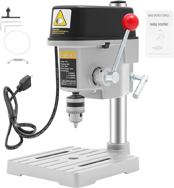 3-Speed Benchtop Drill Press Table, Electric Bench Drilling Machine, Mini Drill Press Stand, Tabletop Drilling Machine 110V, 340W Copper Motor Variable Speed, 0-16000 RPM