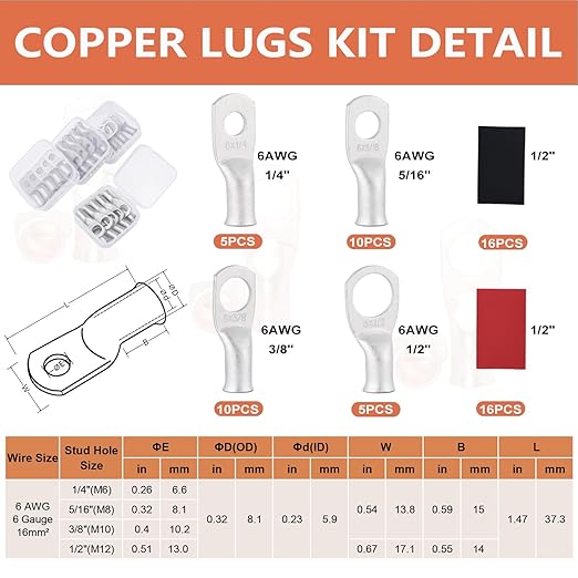 62PCS 6 AWG Tinned Ring Terminal Heat Shrink Tubing Set Copper Wire Lugs 6 Gauge 5/16", 3/8", 1/4", 1/2", 30Pcs Battery Cable Ends and 32PCS Heat Shrink Tubing