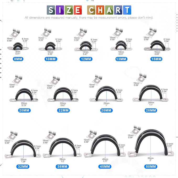 Glarks 16Pcs 45MM 2 Hole U-Tube Strap Clamp Set 304 Stainless Steel Rubber Cushion Rigid Pipe Strap U Bracket Tube Strap Assortment Kit For Pipe Tube Fixing (45mm)