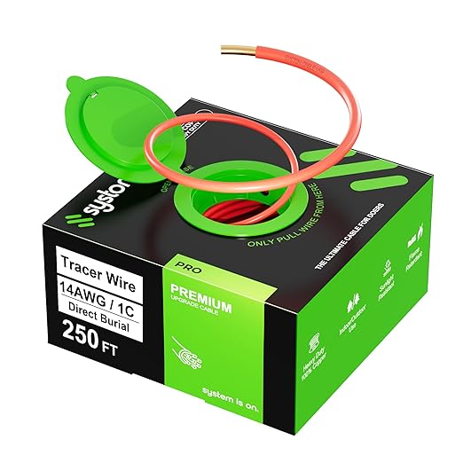 14 AWG Tracer Wire 600V 100% Solid Copper Conductor Direct Burial Underground, Red Tracer Wire for Locating Underground Pipes and Lines Electrical Wire Gas Water Sewer Pipe and Fiber Optic, 250 FT