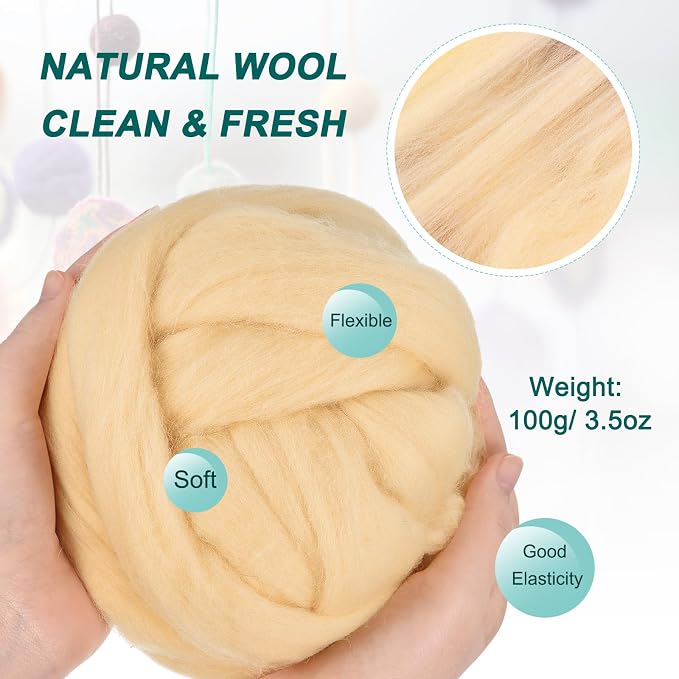 uxcell Needle Felting Wool, 3.5 Oz Nature Fibre Wool Yarn Roving - Image 2