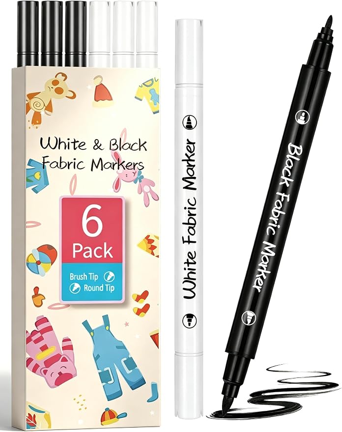 White & Black Fabric Markers for Clothes 6PCS, Dual-Tip Fabric Permanent Paint by Unknown