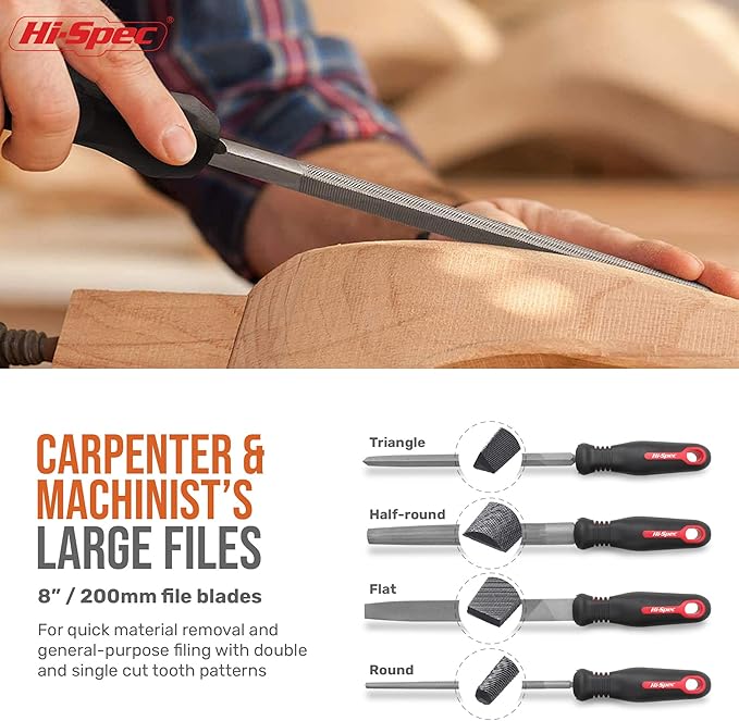 Hi-Spec 18 Piece Metal Hand & Needle Files Tool Set Kit. Large & Small Mini T12 Carbon Steel Diamond Flat, Half, Round, Triangle Files for DIY, Wood and Crafts. Complete in a Zipper Case with Brushes