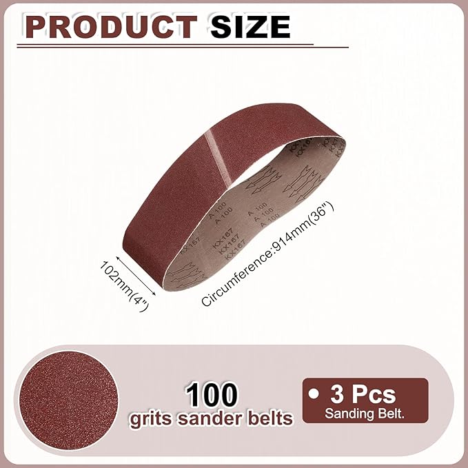 HARFINGTON 4 x 36 Inch Sanding Belts, 3 Pcs 100 Grits Aluminum Oxide Abrasive Belt Sander File Belt for Woodworking, Metal Polishing, Knife Sharpener