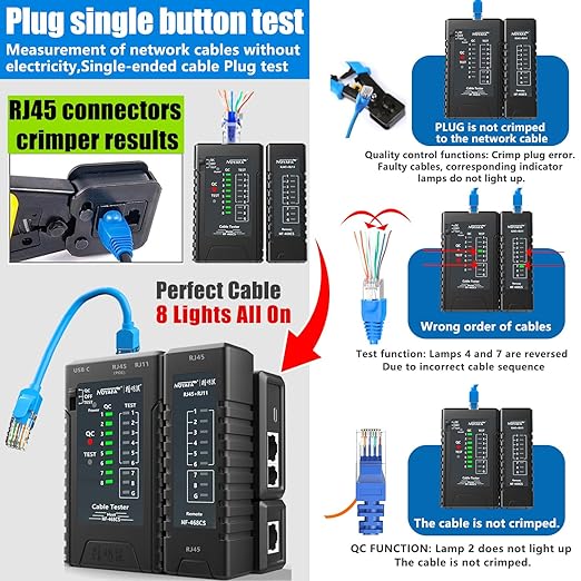 NF-468CS Network Cable Tester,RJ45/RJ11/CAT5/CAT6/CAT5E/CAT6A/ CAT7/POE Test UTP/STP Continuity Tester Ethernet Cable Mapper Phone Line CAT3, Ethernet Cable Tester, LAN Cable Test Network Tools