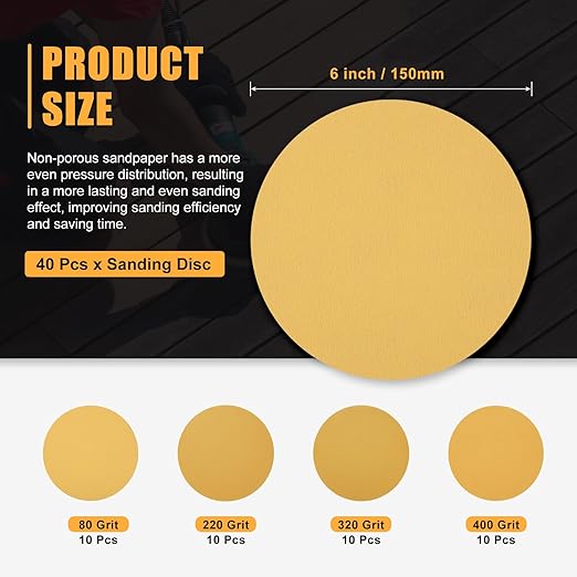 40 Pcs 6 Inch Sanding Disc 80/220/320/400 Grit Round Hook and Loop Sandpaper for Random Orbital Sander Automotive Car