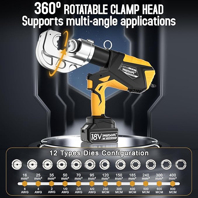 SWANSOFT Electric Hydraulic Cable Lug Crimping Tool, 12Ton 6AWG-800MCM Rechargeable Hydraulic Crimper for Cu/Al Terminal, Continuously Crimp Wire Crimping Tool Kit with 12 Dies,Yellow(HCT-400A)