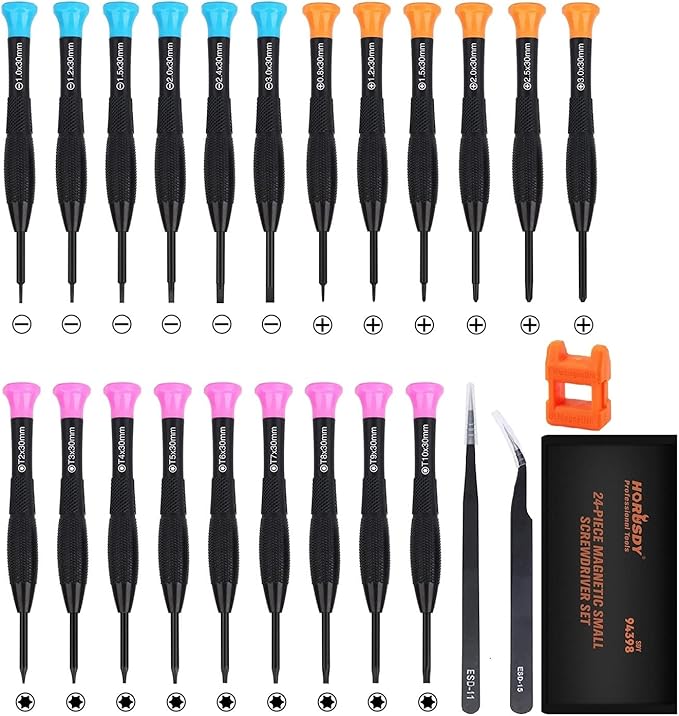 HORUSDY Mini Screwdriver Set, Set of 24 Pieces Magnetic Small Phillips/Slotted/Torx Star Screwdrivers, Precision Screwdriver Set for Repairing Eyeglass Phone Watch, Orange, Blue, Pink