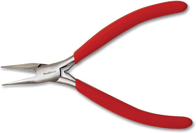 The Beadsmith Slim Line Serrated Chain Nose Pliers, 4.75 inches (120mm) with polished steel head, red PVC comfort grip handle with double-leaf spring, tool for jewelry making