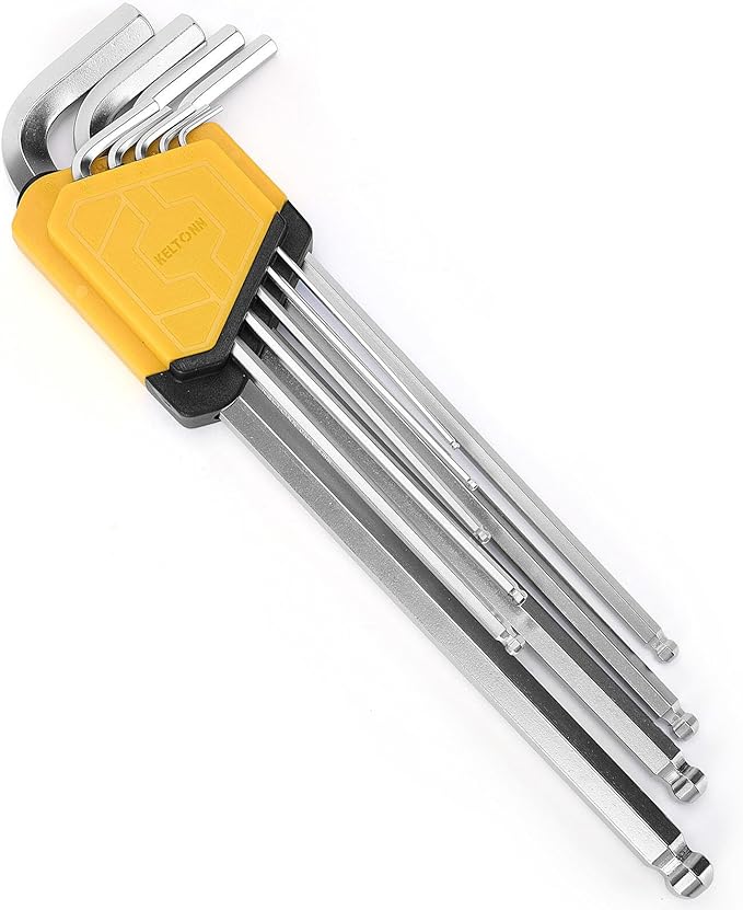 Hex Key Set Extra Long Ball End Cr-V Garage – 9PCS Metric Allen Wrenches, Chrome Vanadium Steel, 1.5–10mm, 9in, Silver Finish, Perfect for Narrow Spaces, Motorcycle Repairs, Home Projects