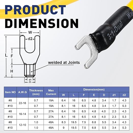 haisstronica Non Insulated Wire Connectors Kit，50pcs #10 Fork Terminals (AWG 12-10) with 50pcs 3:1 Heat Shrink Tubing for Automotive Marine，Brazed Seam Wire Crimp terminals