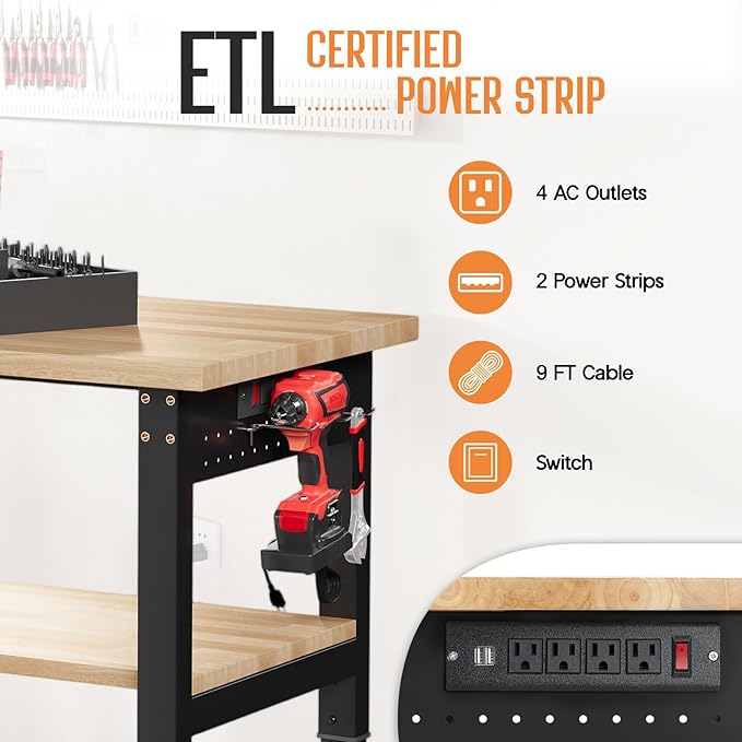 SPECRAFT Adjustable 2-Tier Workbench with 4 AC Outlet and 2 USB Ports Power Outlets, 2000 Lbs Capacity Heavy Duty Workbench, Rubber Wood Top for Garage, Workshop, Office（96x20in）