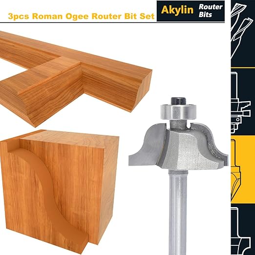 3Pcs Roman Ogee Router Bit Set,1/4" Shank,Bearing Guided Decorative Edge Bits Double Radius 5/32",3/16",7/32" Edging Cutter for Wood Profiling,Routing,Molding