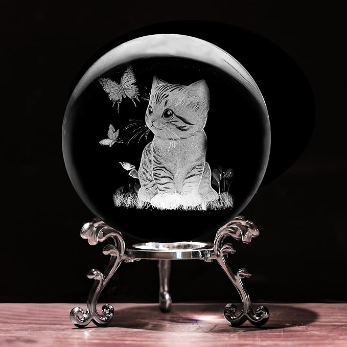 3D Cat Crystal Ball with Stand Lase Engraved Glass Sphere Paperweight Cat Decor by Unknown