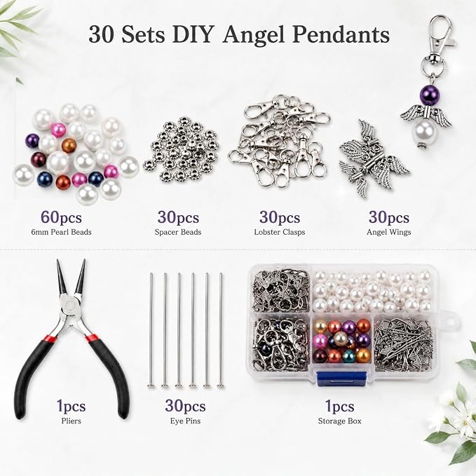 180Pcs DIY Angel Pendant Keychains Kit Includes Alloy Wing Spacer Imitated Bead - Image 3