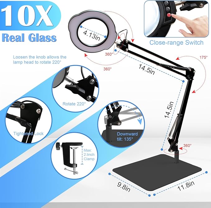 2-in-1 Desk Lamp & Clamp Light, 10X Magnifying Glass with Light and Stand, 5 Color Modes 10 Brightness Dimmable LED Desk Lamp,14.5inch Adjustable Swing Arm for Reading Crafts Painting Close (Black)