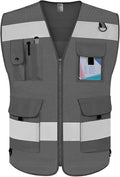 TCCFCCT Mesh Safety Vest for Men Women 9 Pockets High Visibility Reflective Vest for Safety, Work Vest with Reflective Strips, Meets ANSI/ISEA Standards, (Grey, X-Large)