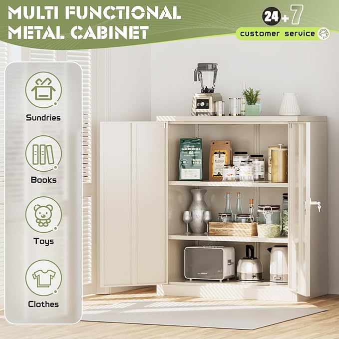 SUNCROWN Metal Storage Cabinets, 36”Locking Cabinet with Doors and Adjustable Shelves, Steel Utility Tool Garage Cabinets for Home, Office, Kitchen, Warehouse,Warm Grey