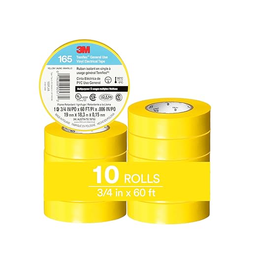 3M Temflex Multi-Purpose Vinyl Electrical Tape 165, Yellow, 3/4 in x 60 ft (19 mm x 18 m), 10 Roll Pack