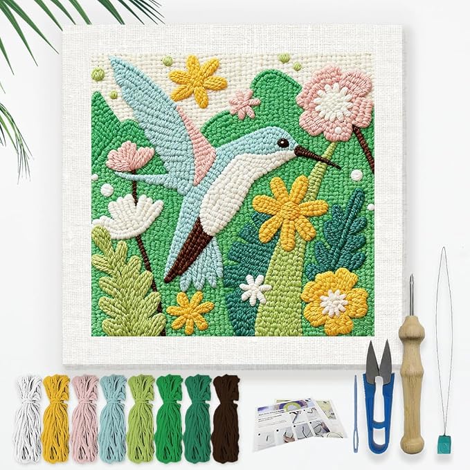 Doodlream Hummingbird Flying in Flowers DIY Punch Needle Embroidery Kit by Doodlream