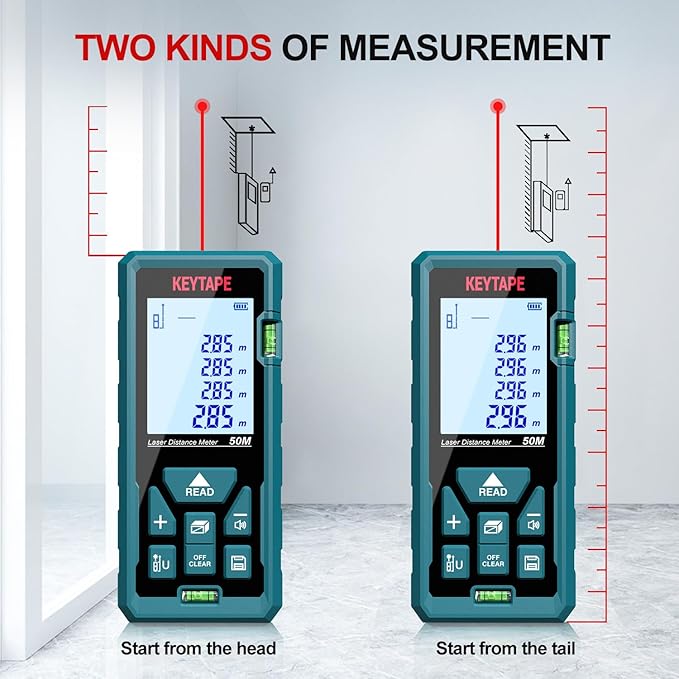 Laser Measure 328ft KEYTAPE Laser Distance Measure with Real Time, Upgraded M/in/FT/FT+in Unit Switching Backlit LCD and Pythagorean Mode, DT100 Portable Handle Digital Measurement Tool Range Finder