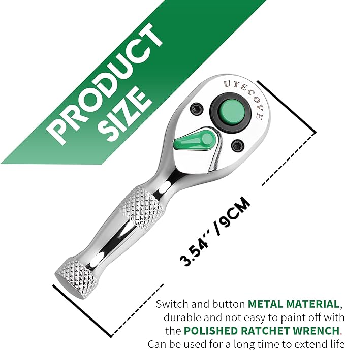 1/4 Inch Drive Ratchet Wrench, 1/4 Ratchet Wrench, 1/4 Drive Stubby Ratchet Socket Wrench, 72-Tooth, Reversible Cr-Mo Colorful Head, Chrome Steel - 3.54''/9cm