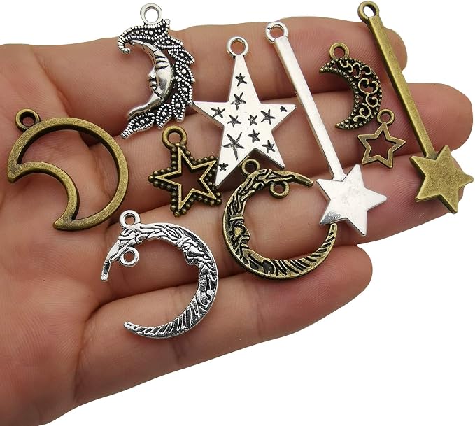 100g Craft Supplies Small Antique Bronze Silver Sun Moon Star Charms Pendants - Image 3