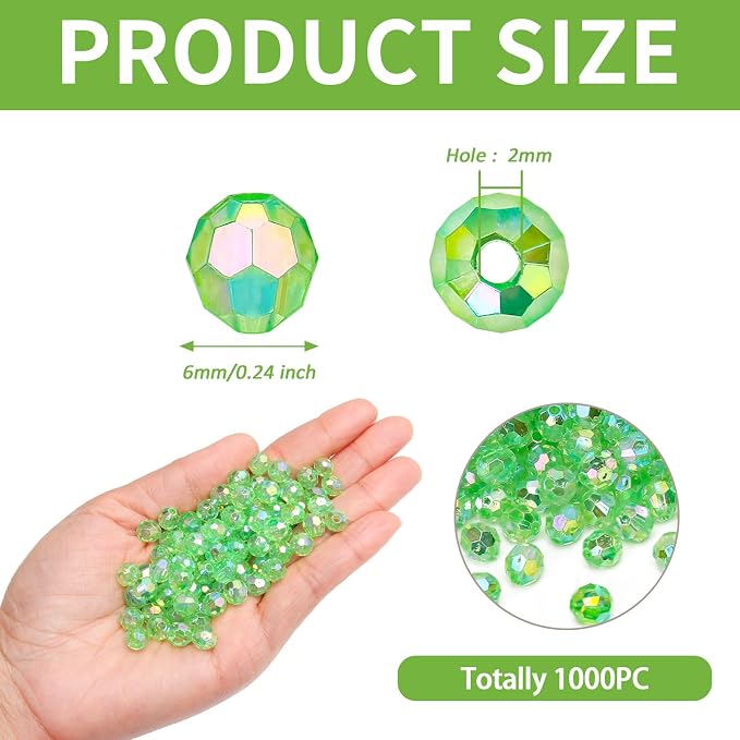BONNY BOXX 1000pcs 6mm Acrylic Faceted Round Crystal Beads Transparent Green AB - Image 2