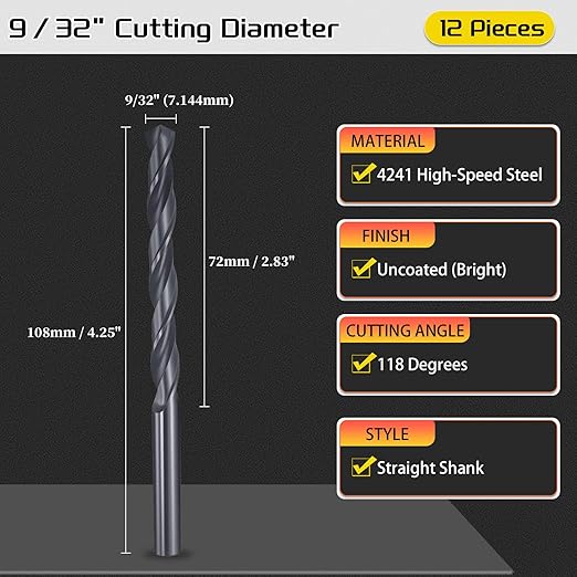 Drill Bit, 9/32" Cutting Diameter, 4241 HSS Nitriding Black 118° Cutting Angle Versatile Jobber Bits - (Applications: for Drilling Plastic Wood Soft Metal), 12-Pieces