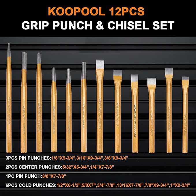29-Piece Punch and Chisel Set with Cross Peen Hammer, Heavy Duty Punch and Chisel Set – Includes Cold Chisels, Taper Punches, Pin Punches, Center Punches & Roll-Up Pouch (29pcs)