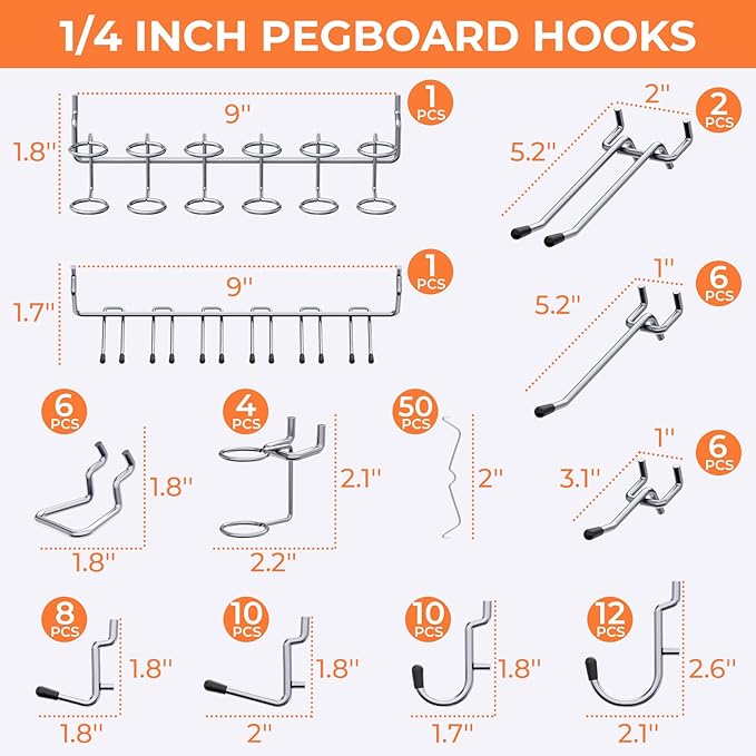 INCLY 70PCS Pegboard Wall Organizer, 4 Pack Metal Peg Board Panels with 1/4" Pegboard Hooks Accessories Kit, Black Peg Board for Walls Home, Garage Tool Storage, Workbench Organization