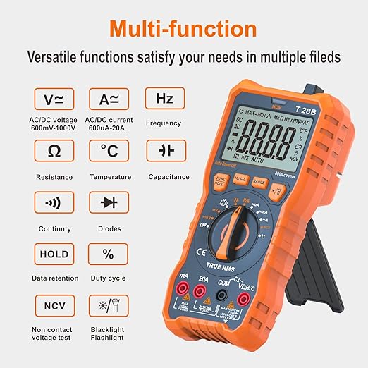 True RMS Digital Multimeter Tester, Auto-Ranging AC DC 20A Ohmmeter 1000V Voltmeter with NCV, Measure Voltage Current Amp Resistance Diode Continuity Duty-Cycle Capacitance Temperature, for Home Auto