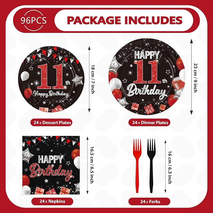 96Pcs Red and Black Party Decorations Happy 11th Birthday Plates and Napkins - Image 5