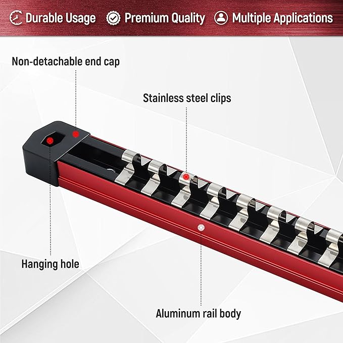 ALOANES 1/4-Inch Drive Magnetic Socket Organizer, Heavy Duty Aluminum Socket Rails, 15 Stainless Clips (Red)