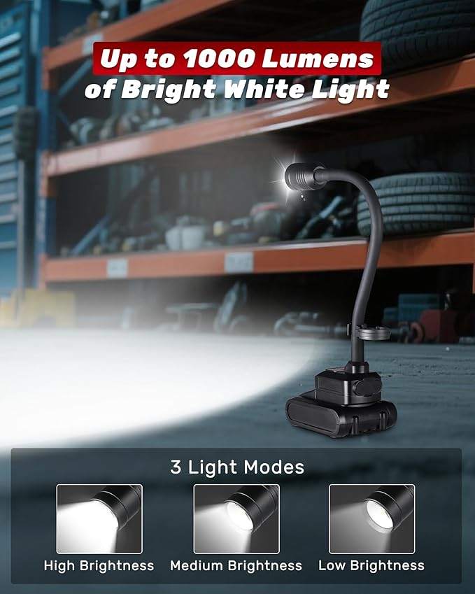 Magnetic Work Light, 4400mAh Rechargeable Flexible Gooseneck Work Light with Hanging Hook, 1000 Lumens 3 Modes LED Machine Light for Work Bench, Lathe, Sewing Machine, Grill, Black